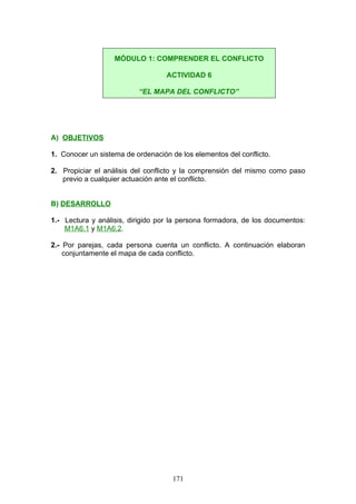 A) OBJETIVOS
1. Conocer un sistema de ordenación de los elementos del conflicto.
2. Propiciar el análisis del conflicto y la comprensión del mismo como paso
previo a cualquier actuación ante el conflicto.
B) DESARROLLO
1.- Lectura y análisis, dirigido por la persona formadora, de los documentos:
M1A6.1 y M1A6.2.
2.- Por parejas, cada persona cuenta un conflicto. A continuación elaboran
conjuntamente el mapa de cada conflicto.
MÓDULO 1: COMPRENDER EL CONFLICTO
ACTIVIDAD 6
“EL MAPA DEL CONFLICTO”
171
 