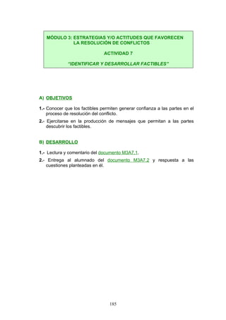 A) OBJETIVOS
1.- Conocer que los factibles permiten generar confianza a las partes en el
proceso de resolución del conflicto.
2.- Ejercitarse en la producción de mensajes que permitan a las partes
descubrir los factibles.
B) DESARROLLO
1.- Lectura y comentario del documento M3A7.1.
2.- Entrega al alumnado del documento M3A7.2 y respuesta a las
cuestiones planteadas en él.
MÓDULO 3: ESTRATEGIAS Y/O ACTITUDES QUE FAVORECEN
LA RESOLUCIÓN DE CONFLICTOS
ACTIVIDAD 7
“IDENTIFICAR Y DESARROLLAR FACTIBLES”
185
 