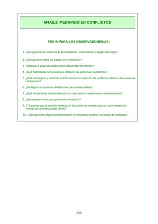 FICHA PARA LOS OBSERVADORES/AS:
1. ¿Se siguieron los pasos de la premediación, presentación y reglas del juego?
2. ¿Se siguieron todos los pasos de la mediación?
3. ¿Estaban a gusto las partes con el desarrollo del proceso?
4. ¿Qué habilidades comunicativas utilizaron las personas mediadoras?
5. ¿Qué estrategias y actitudes que favorecen la resolución de conflictos utilizaron las personas
mediadoras?
6. ¿Se llegó a un acuerdo satisfactorio para ambas partes?
7. ¿Qué actuaciones habrías llevado tú a cabo que no realizaron los mediadores/as?
8. ¿Se respetaron los principios de la mediación?
9. ¿Te parece que la solución hallada por las partes es realista y justa, y que respeta las
normas de convivencia del centro?
10. ¿Has advertido alguna transformación en las partes durante el proceso de mediación
M4A6.3: MEDIANDO EN CONFLICTOS
250
 