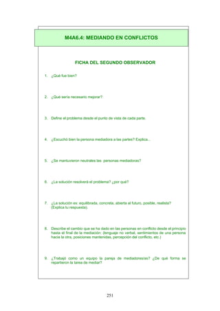 FICHA DEL SEGUNDO OBSERVADOR
1. ¿Qué fue bien?
2. ¿Qué sería necesario mejorar?
3. Define el problema desde el punto de vista de cada parte.
4. ¿Escuchó bien la persona mediadora a las partes? Explica...
5. ¿Se mantuvieron neutrales las personas mediadoras?
6. ¿La solución resolverá el problema? ¿por qué?
7. ¿La solución es: equilibrada, concreta, abierta al futuro, posible, realista?
(Explica tu respuesta).
8. Describe el cambio que se ha dado en las personas en conflicto desde el principio
hasta el final de la mediación: (lenguaje no verbal, sentimientos de una persona
hacia la otra, posiciones mantenidas, percepción del conflicto, etc.)
9. ¿Trabajó como un equipo la pareja de mediadores/as? ¿De qué forma se
repartieron la tarea de mediar?
M4A6.4: MEDIANDO EN CONFLICTOS
251
 