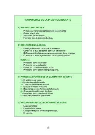 PARADIGMAS DE LA PRÁCTICA DOCENTE
A) RACIONALIDAD TÉCNICA
• Profesional transmisor/aplicador del conocimiento.
• Gestor adiestrado.
• Adoptador de decisiones.
• Formado para la acción individual.
B) REFLEXIÓN EN-LA-ACCIÓN
• Investigación crítica de su práctica docente.
• Considera el aula del centro como un laboratorio.
• Reflexiona sobre las causas y consecuencias de su práctica.
• El alumnado es un agente activo de su profesionalidad.
Metáforas:
• Profesor/a como innovador.
• Profesor/a como indagador.
• Profesor/a como investigador activo.
• Profesor/a como observador participante.
C) PROBLEMAS PERCIBIDOS EN LA PRÁCTICA DOCENTE
1º- El ambiente de clase.
2º- Motivación del alumnado.
3º- Tratar la diversidad en el aula.
4º- Evaluar el trabajo realizado.
5º- Relaciones con las familias del alumnado.
6º- Organización del trabajo de clase.
7º- Materiales y recursos insuficientes.
8º- Resolver problemas personales.
D) RASGOS DESEABLES DEL PERSONAL DOCENTE
• La personalidad
• La actitud afectuosa.
• La capacidad para producir aprendizaje.
• El ejemplo.
33
 