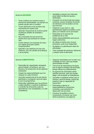 Sentirnos SEGUROS:
 Tener confianza en nosotros mismo y
afrontar las adversidades. Los demás nos
pueden ayudar pero no sustituir.
 Tomar decisiones en los eventos más
importantes de nuestra vida.
 Aprender mecanismos de control cuando
mostramos señales de ansiedad o
angustia.
 Ser conscientes de que somos los
dueños de lo que acontece en nuestra
vida.
 Contar siempre con proyectos de vida y
con valores guía para nuestro
comportamiento.
 Aprender a ser asertivos sin irse a los
extremos, sino con sentido de la eficacia
y de la justicia.
 Ayudarles a exponer sus creencias,
pues hablar de ellas les ayuda a
clarificarlas.
 Compartir con el alumnado las propias
creencias, porque necesitan de puntos
de referencia con los adultos con los
que conviven.
 Colaborar a que vivan su vida
planteándose objetivos posibles a corto
plazo y en relación con lo que hacen.
 Entrenarlos en la solución de
problemas de su vida.
 Darles responsabilidades para que se
hagan autónomos.
 No utilizar el miedo como recurso
persuasivo, pues crea inseguridad.
 Ayudarles a su planificación diaria de
actividades.
 Tener actitudes de paciencia, tolerancia
y respeto hacia el alumnado.
Sentirse COMPETENTES:
 Desarrollar las capacidades necesarias
para el trabajo y el esfuerzo, que nos
llevarán a la consecución de los objetivos
propuestos.
 Aceptar las responsabilidades que nos
otorguen en cada momento.
 Acumular experiencias de lo que hemos
planificado y conseguido, para así lograr
lo que nos proponemos.
 Desarrollar habilidades que nos entrenen
a saber planificar, a resolver problemas y
a controlar las emociones, pues así
aprendemos a ser competentes y no sólo
competitivos.
 Organizar actividades que no sean muy
complejas al inicio, para que tengan
oportunidades de éxito.
 Comunicar las expectativas de logros
que se espera conseguir del alumnado,
porque influye muy positivamente.
 Al organizar las actividades darles
distintas opciones, para que puedan
elegir y así aumentar su competencia.
 Ayudarles a establecer límites para sí
mismos y para los demás, porque les
enseña a usar su capacidad de
autocontrol.
 Entrenarles a ejercer su
responsabilidad en situaciones
concretas y que aprendan la
repercusión de sus actos.
 Combinar el equilibrio entre la
comprensión y la fuerza, así como
entre la paciencia y la exigencia.
37
 