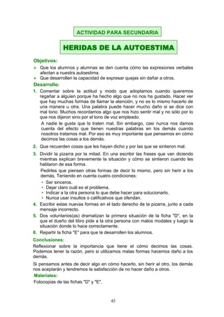Objetivos:
 Que los alumnos y alumnas se den cuenta cómo las expresiones verbales
afectan a nuestra autoestima.
 Que desarrollen la capacidad de expresar quejas sin dañar a otros.
Desarrollo:
1. Comentar sobre la actitud y modo que adoptamos cuando queremos
regañar a alguien porque ha hecho algo que no nos ha gustado. Hacer ver
que hay muchas formas de llamar la atención, y no es lo mismo hacerlo de
una manera u otra. Una palabra puede hacer mucho daño si se dice con
mal tono. Muchos recordamos algo que nos hizo sentir mal y no sólo por lo
que nos dijeron sino por el tono de voz empleado.
A nadie le gusta que lo traten mal. Sin embargo, casi nunca nos damos
cuenta del efecto que tienen nuestras palabras en los demás cuando
nosotros tratamos mal. Por eso es muy importante que pensemos en cómo
decimos las cosas a los demás.
2. Que recuerden cosas que les hayan dicho y por las que se sintieron mal.
3. Dividir la pizarra por la mitad. En una escribir las frases que van diciendo
mientras explican brevemente la situación y cómo se sintieron cuando les
hablaron de esa forma.
Pedirles que piensen otras formas de decir lo mismo, pero sin herir a los
demás. Teniendo en cuenta cuatro condiciones:
• Ser sinceros.
• Dejar claro cuál es el problema.
• Indicar a la otra persona lo que debe hacer para solucionarlo.
• Nunca usar insultos o calificativos que ofendan.
4. Escribir estas nuevas formas en el lado derecho de la pizarra, junto a cada
mensaje incorrecto.
5. Dos voluntarios(as) dramatizan la primera situación de la ficha "D", en la
que el dueño del libro pide a la otra persona con malos modales y luego la
situación donde lo hace correctamente.
6. Repartir la ficha "E" para que la desarrollen los alumnos.
Conclusiones:
Reflexionar sobre la importancia que tiene el cómo decimos las cosas.
Podemos tener la razón, pero si utilizamos malas formas hacemos daño a los
demás.
Si pensamos antes de decir algo en cómo hacerlo, sin herir al otro, los demás
nos aceptarán y tendremos la satisfacción de no hacer daño a otros.
Materiales:
Fotocopias de las fichas "D" y "E".
ACTIVIDAD PARA SECUNDARIA
HERIDAS DE LA AUTOESTIMA
45
 