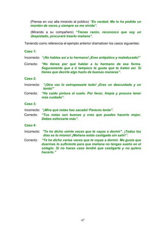 (Piensa en voz alta mirando al público) “Es verdad: Me lo ha pedido un
montón de veces y siempre se me olvida”.
(Mirando a su compañero) “Tienes razón, reconozco que soy un
despistado, procuraré traerlo mañana”.
Teniendo como referencia el ejemplo anterior dramaticen los casos siguientes:
Caso 1:
Incorrecto: “¡No hables así a tu hermano! ¡Eres antipático y maleducado!”
Correcto: “No tienes por qué hablar a tu hermano de esa forma.
Seguramente que a ti tampoco te gusta que te traten así. Si
tienes que decirle algo hazlo de buenas maneras”.
Caso 2:
Incorrecto: “¡Otra vez lo estropoeaste todo! ¡Eres un descuidado y un
tonto!”
Correcto: “Ha caído pintura al suelo. Por favor, limpia y procura tener
más cuidado”.
Caso 3:
Incorrecto: “¡Mira qué notas has sacado! Pareces tonto”.
Correcto: “Tus notas son buenas y creo que puedes hacerlo mejor.
Debes esforzarte más”.
Caso 4:
Incorrecto: ”Te he dicho veinte veces que te vayas a dormir". ¡Todos los
días es lo mismo! ¡Mañana estás castigado sin salir!”.
Correcto: “Te he dicho varias veces que te vayas a dormir. Me gusta que
duermas lo suficiente para que mañana no tengas sueño en el
colegio: Si no haces caso tendré que castigarte y no quiero
hacerlo.”
47
 