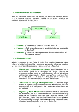 1.2 Elementos básicos de un conflicto
Para una resolución constructiva del conflicto, de modo que podamos destilar
todo el potencial educativo que éste contiene, es necesario comenzar por
distinguir la estructura de un conflicto.
 Personas: ¿Quiénes están involucrados en el conflicto?
 Proceso: ¿Cuál ha sido la cadena de acontecimientos que ha seguido
el Conflicto?
 Problema: ¿Cuáles han sido las posiciones, necesidades e interés de
las partes en conflicto?
1.3 Fuentes del conflicto
A la hora de realizar el diagnóstico de un conflicto en el centro escolar ha de
evitarse la actitud reduccionista y considerar que existen diferentes variables
que pueden ser consideradas como desencadenantes del conflicto:
1. Diferencias y Defectos de Personalidad: No centrarse tanto en la
personalidad como en la posibilidad de buscar espacios de
entendimiento. Las partes en conflicto suelen afirmar que alguna
deficiencia o rasgo negativo del otro desempeña un papel central en
la disputa. Este es el caso más frecuente en los niveles de
Secundaria por el momento evolutivo de la adolescencia.
2. Actividades de trabajo interdependientes: El conflicto surge
cuando el flujo de trabajo no es el adecuado. El desinterés y la falta
de motivación en el trabajo es uno de los factores desencadenantes
del conflicto.
3. Objetivos y Metas diferentes: Bien entre los objetivos y metas de
los miembros y los de la comunidad escolar, bien entre objetivos y
metas de los diferentes miembros, que cada uno percibe como
incompatibles. Lo que más peso tiene es la percepción subjetiva de
la incompatibilidad entre dichos objetivos y metas. La escuela es un
microcosmos de la sociedad en la que se desarrolla.
personas
procesoproblema
67
 
