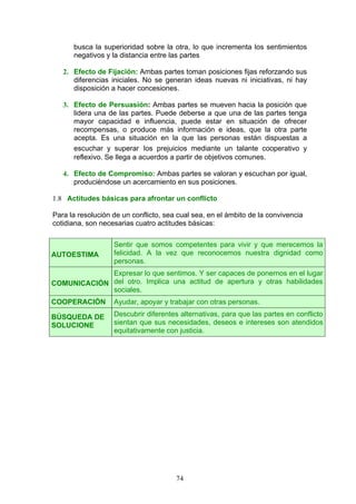 busca la superioridad sobre la otra, lo que incrementa los sentimientos
negativos y la distancia entre las partes
2. Efecto de Fijación: Ambas partes toman posiciones fijas reforzando sus
diferencias iniciales. No se generan ideas nuevas ni iniciativas, ni hay
disposición a hacer concesiones.
3. Efecto de Persuasión: Ambas partes se mueven hacia la posición que
lidera una de las partes. Puede deberse a que una de las partes tenga
mayor capacidad e influencia, puede estar en situación de ofrecer
recompensas, o produce más información e ideas, que la otra parte
acepta. Es una situación en la que las personas están dispuestas a
escuchar y superar los prejuicios mediante un talante cooperativo y
reflexivo. Se llega a acuerdos a partir de objetivos comunes.
4. Efecto de Compromiso: Ambas partes se valoran y escuchan por igual,
produciéndose un acercamiento en sus posiciones.
1.8 Actitudes básicas para afrontar un conflicto
Para la resolución de un conflicto, sea cual sea, en el ámbito de la convivencia
cotidiana, son necesarias cuatro actitudes básicas:
AUTOESTIMA
Sentir que somos competentes para vivir y que merecemos la
felicidad. A la vez que reconocemos nuestra dignidad como
personas.
COMUNICACIÓN
Expresar lo que sentimos. Y ser capaces de ponernos en el lugar
del otro. Implica una actitud de apertura y otras habilidades
sociales.
COOPERACIÓN Ayudar, apoyar y trabajar con otras personas.
BÚSQUEDA DE
SOLUCIONE
Descubrir diferentes alternativas, para que las partes en conflicto
sientan que sus necesidades, deseos e intereses son atendidos
equitativamente con justicia.
74
 