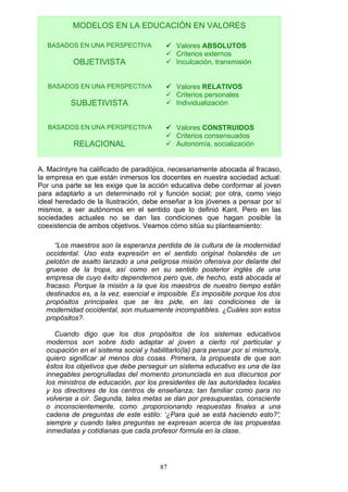 MODELOS EN LA EDUCACIÓN EN VALORES
BASADOS EN UNA PERSPECTIVA
OBJETIVISTA
 Valores ABSOLUTOS
 Criterios externos
 Inculcación, transmisión
BASADOS EN UNA PERSPECTIVA
SUBJETIVISTA
 Valores RELATIVOS
 Criterios personales
 Individualización
BASADOS EN UNA PERSPECTIVA
RELACIONAL
 Valores CONSTRUIDOS
 Criterios consensuados
 Autonomía, socialización
A. MacIntyre ha calificado de paradójica, necesariamente abocada al fracaso,
la empresa en que están inmersos los docentes en nuestra sociedad actual:
Por una parte se les exige que la acción educativa debe conformar al joven
para adaptarlo a un determinado rol y función social; por otra, como viejo
ideal heredado de la Ilustración, debe enseñar a los jóvenes a pensar por sí
mismos, a ser autónomos en el sentido que lo definió Kant. Pero en las
sociedades actuales no se dan las condiciones que hagan posible la
coexistencia de ambos objetivos. Veamos cómo sitúa su planteamiento:
“Los maestros son la esperanza perdida de la cultura de la modernidad
occidental. Uso esta expresión en el sentido original holandés de un
pelotón de asalto lanzado a una peligrosa misión ofensiva por delante del
grueso de la tropa, así como en su sentido posterior inglés de una
empresa de cuyo éxito dependemos pero que, de hecho, está abocada al
fracaso. Porque la misión a la que los maestros de nuestro tiempo están
destinados es, a la vez, esencial e imposible. Es imposible porque los dos
propósitos principales que se les pide, en las condiciones de la
modernidad occidental, son mutuamente incompatibles. ¿Cuáles son estos
propósitos?.
Cuando digo que los dos propósitos de los sistemas educativos
modernos son sobre todo adaptar al joven a cierto rol particular y
ocupación en el sistema social y habilitarlo(la) para pensar por sí mismo/a,
quiero significar al menos dos cosas. Primera, la propuesta de que son
éstos los objetivos que debe perseguir un sistema educativo es una de las
innegables perogrulladas del momento pronunciada en sus discursos por
los ministros de educación, por los presidentes de las autoridades locales
y los directores de los centros de enseñanza; tan familiar como para no
volverse a oír. Segunda, tales metas se dan por presupuestas, consciente
o inconscientemente, como .proporcionando respuestas finales a una
cadena de preguntas de este estilo: ‘¿Para qué se está haciendo esto?';
siempre y cuando tales preguntas se expresan acerca de las propuestas
inmediatas y cotidianas que cada profesor formula en la clase.
87
 