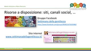 Fieramilanocity 23-25 marzo 2018
Risorse a disposizione: siti, canali social, …
Alberto Ardizzone e Maria Ramunno
Gruppo Facebook
Settimana della gentilezza
https://www.facebook.com/groups/850621675035980/
Sito internet
www.settimanadellagentilezza.it/
 