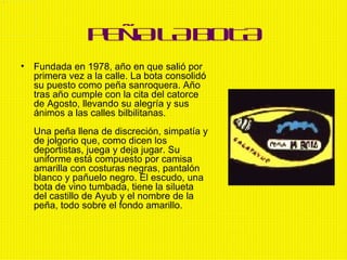 PEÑA LA BOTA Fundada en 1978, año en que salió por primera vez a la calle. La bota consolidó su puesto como peña sanroquera. Año tras año cumple con la cita del catorce de Agosto, llevando su alegría y sus ánimos a las calles bilbilitanas. Una peña llena de discreción, simpatía y de jolgorio que, como dicen los deportistas, juega y deja jugar. Su uniforme está compuesto por camisa amarilla con costuras negras, pantalón blanco y pañuelo negro. El escudo, una bota de vino tumbada, tiene la silueta del castillo de Ayub y el nombre de la peña, todo sobre el fondo amarillo. 