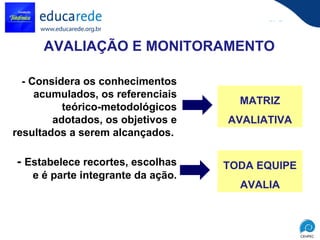 - Considera os conhecimentos acumulados, os referenciais teórico-metodológicos adotados, os objetivos e resultados a serem alcançados.  -  Estabelece recortes, escolhas e é parte integrante da ação.   AVALIAÇÃO E MONITORAMENTO  MATRIZ AVALIATIVA TODA EQUIPE AVALIA 