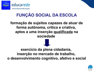 FUNÇÃO SOCIAL DA ESCOLA formação de sujeitos capazes de atuar de forma autônoma, crítica e criativa,  aptos a uma inserção  qualificada  na sociedade  exercício da plena cidadania,  inserção no mercado de trabalho,  o desenvolvimento cognitivo, afetivo e social 