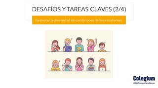 DESAFÍOS Y TAREAS CLAVES (2/4)
Gestionar la diversidad de condiciones de los estudiantes.
 