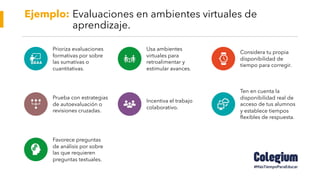 Ejemplo: Evaluaciones en ambientes virtuales de
aprendizaje.
Prioriza evaluaciones
formativas por sobre
las sumativas o
cuantitativas.
Usa ambientes
virtuales para
retroalimentar y
estimular avances.
Considera tu propia
disponibilidad de
tiempo para corregir.
Prueba con estrategias
de autoevaluación o
revisiones cruzadas.
Incentiva el trabajo
colaborativo.
Ten en cuenta la
disponibilidad real de
acceso de tus alumnos
y establece tiempos
flexibles de respuesta.
Favorece preguntas
de análisis por sobre
las que requieren
preguntas textuales.
 