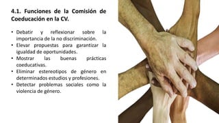 4.1. Funciones de la Comisión de
Coeducación en la CV.
• Debatir y reflexionar sobre la
importancia de la no discriminación.
• Elevar propuestas para garantizar la
igualdad de oportunidades.
• Mostrar las buenas prácticas
coeducativas.
• Eliminar estereotipos de género en
determinados estudios y profesiones.
• Detectar problemas sociales como la
violencia de género.
 