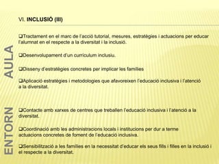 Tractament en el marc de l’acció tutorial, mesures, estratègies i actuacions per educar
l’alumnat en el respecte a la diversitat i la inclusió.
Desenvolupament d’un currículum inclusiu.
Aplicació estratègies i metodologies que afavoreixen l’educació inclusiva i l’atenció
a la diversitat.
Disseny d’estratègies concretes per implicar les famílies
VI. INCLUSIÓ (III)
Sensibilització a les famílies en la necessitat d’educar els seus fills i filles en la inclusió i
el respecte a la diversitat.
Contacte amb xarxes de centres que treballen l’educació inclusiva i l’atenció a la
diversitat.
Coordinació amb les administracions locals i institucions per dur a terme
actuacions concretes de foment de l’educació inclusiva.
AULAENTORN
 