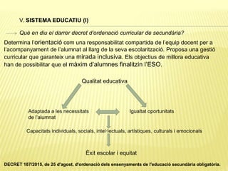 V. SISTEMA EDUCATIU (I)
Determina l’orientació com una responsabilitat compartida de l’equip docent per a
l’acompanyament de l’alumnat al llarg de la seva escolarització. Proposa una gestió
curricular que garanteix una mirada inclusiva. Els objectius de millora educativa
han de possibilitar que el màxim d’alumnes finalitzin l’ESO.
Qualitat educativa
Igualtat oportunitatsAdaptada a les necessitats
de l’alumnat
Capacitats individuals, socials, intel·lectuals, artístiques, culturals i emocionals
Èxit escolar i equitat
Què en diu el darrer decret d’ordenació curricular de secundària?
DECRET 187/2015, de 25 d'agost, d'ordenació dels ensenyaments de l'educació secundària obligatòria.
 