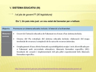 http://ensenyament.gencat.cat/ca/departament/linies-estrategiques/pla-govern-xi/
V. SISTEMA EDUCATIU (III)
I el pla de govern?? (XI legislatura)
Eix 1, Un país més just: un nou estat del benestar per a tothom
 