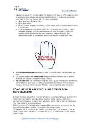 Escuela de Padres

   Educamos para vivir en sociedad. Por eso permitir que el niño haga siempre
   lo que quiera no educa para la vida adulta. Pero es evidente que estas
   normas y límites han de cumplir con unos requisitos:
       Que sean sencillas y simples.
       Que sean justas.
       Que los niños tengan muy claro cuáles van a ser las consecuencias si no
       las cumplen.
       Que apliquemos las normas de forma coherente y sobre todo, justa.
       Siempre que sea posible, permite que tus hijos elaboren sus propias
       normas sobre tiempo de estudio, diversión, tareas de casa, etc.,
       dejándoles claro que además de decidir deben cumplir con ellas.




   Dar responsabilidades atendiendo a las capacidades y necesidades del
   niño.
   Los padres deben ser coherentes comportándose siempre de la misma
   manera, en base a unos principios y valores.
   No ser arbitrario. Las normas sirven para todos igual, en todos los momentos,
   por eso tienen que ser concretas y respetadas por todos. Pero al mismo
   tiempo, también tienen que ser flexibles y estar abiertas a los cambios.

CÓMO INCULCAR A NUESTROS HIJOS EL VALOR DE LA
RESPONSABILIDAD

El mejor método educativo es el de "predicar con el ejemplo", ya que los niños
toman como modelos a sus padres y muchos de los valores, actitudes y
comportamientos que se aprenden a lo largo de la vida se derivan de lo que
han visto hacer a sus progenitores.
Difícilmente un niño llegará a ser responsable si sus padres se comportan de
forma irresponsable con él o con sus propias obligaciones.
Para poder exigir, no debemos olvidar que antes hay que enseñar y que se
debe dar un plazo de tiempo para la práctica y la interiorización del nuevo
aprendizaje.


        3   Departamento de Orientación Psicopedagógica
 