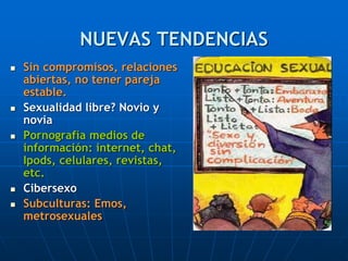 NUEVAS TENDENCIAS
 Sin compromisos, relaciones
abiertas, no tener pareja
estable.
 Sexualidad libre? Novio y
novia
 Pornografía medios de
información: internet, chat,
Ipods, celulares, revistas,
etc.
 Cibersexo
 Subculturas: Emos,
metrosexuales
 