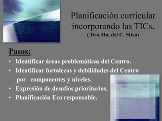 Planificación curricular
incorporando las TICs.
( Dra.Ma. del C. Silva)
Pasos:
• Identificar áreas problemáticas del Centro.
• Identificar fortalezas y debilidades del Centro
por componentes y niveles.
• Expresión de desafíos prioritarios.
• Planificación Eco responsable.
 