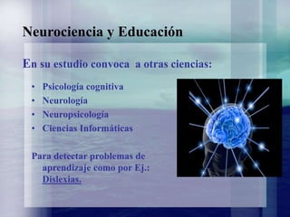 Neurociencia y Educación
En su estudio convoca a otras ciencias:
• Psicología cognitiva
• Neurología
• Neuropsicología
• Ciencias Informáticas
Para detectar problemas de
aprendizaje como por Ej.:
Dislexias.
 