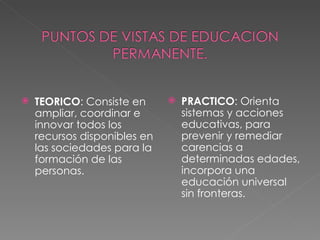 TEORICO : Consiste en ampliar, coordinar e innovar todos los recursos disponibles en las sociedades para la formación de las personas. PRACTICO : Orienta sistemas y acciones educativas, para prevenir y remediar carencias a determinadas edades, incorpora una educación universal sin fronteras. 