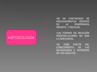 METODOLOGÌA SE HA CONTAGIADO DE PROCEDIMIENTOS PROPIOS DE LA ENSEÑANAZA INFANTIL Y ESCOLAR. LAS FORMAS DE RELACIÒN MAESTRO-ALUMNO NO SON LA ADECUADAS. SE DEBE PARTIR DEL CONOCIMIENTO DE LAS NECESIDADES E INTERESES DE LOS ADULTOS 
