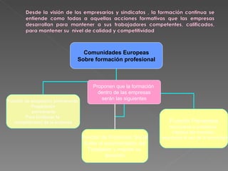 Comunidades Europeas Sobre formación profesional Función de adaptación permanente: Preparación permanente Para fortalecer la  competitividad de la empresa Función de Promoción Social Evitar el estancamiento del Trabajador y mejorar su  situación Función Preventiva Anticiparse a problemas  internos del mercado, mejorando el uso de la tecnología Proponen que la formación  dentro de las empresas serán las siguientes 