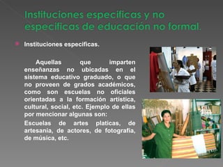 Instituciones especificas.  Aquellas que imparten enseñanzas no ubicadas en el sistema educativo graduado, o que no proveen de grados académicos, como son escuelas no oficiales orientadas a la formación artística, cultural, social, etc. Ejemplo de ellas por mencionar algunas son: Escuelas de artes platicas, de artesanía, de actores, de fotografía, de música, etc. 