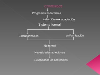 Programas no formales selección adaptación Sistema formal Estandarización uniformización No formal Necesidades autóctonas Seleccionar los contenidos 