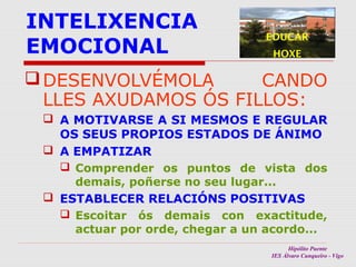 INTELIXENCIA
EMOCIONAL

EDUCAR
HOXE

 DESENVOLVÉMOLA
CANDO
LLES AXUDAMOS ÓS FILLOS:
 A MOTIVARSE A SI MESMOS E REGULAR
OS SEUS PROPIOS ESTADOS DE ÁNIMO
 A EMPATIZAR
 Comprender os puntos de vista dos
demais, poñerse no seu lugar...
 ESTABLECER RELACIÓNS POSITIVAS
 Escoitar ós demais con exactitude,
actuar por orde, chegar a un acordo...
Hipólito Puente
IES Álvaro Cunqueiro - Vigo

 