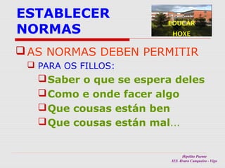 ESTABLECER
NORMAS

EDUCAR
HOXE

 AS NORMAS DEBEN PERMITIR
 PARA OS FILLOS:

 Saber o que se espera deles
 Como e onde facer algo
 Que cousas están ben
 Que cousas están mal...

Hipólito Puente
IES Álvaro Cunqueiro - Vigo

 