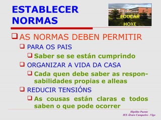 ESTABLECER
NORMAS

EDUCAR
HOXE

 AS NORMAS DEBEN PERMITIR
 PARA OS PAIS
 Saber se se están cumprindo
 ORGANIZAR A VIDA DA CASA
 Cada quen debe saber as responsabilidades propias e alleas
 REDUCIR TENSIÓNS
 As cousas están claras e todos
saben o que pode ocorrer
Hipólito Puente
IES Álvaro Cunqueiro - Vigo

 