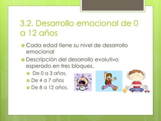 3.2. Desarrollo emocional de 0
a 12 años
 Cada edad tiene su nivel de desarrollo
emocional
 Descripción del desarrollo evolutivo
esperado en tres bloques.
 De 0 a 3 años.
 De 4 a 7 años
 De 8 a 12 años.
 