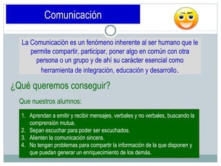 Comunicación
La Comunicación es un fenómeno inherente al ser humano que le
permite compartir, participar, poner algo en común con otra
persona o un grupo y de ahí su carácter esencial como
herramienta de integración, educación y desarrollo.
¿Qué queremos conseguir?
1. Aprendan a emitir y recibir mensajes, verbales y no verbales, buscando la
comprensión mutua.
2. Sepan escuchar para poder ser escuchados.
3. Alienten la comunicación sincera.
4. No tengan problemas para compartir la información de la que disponen y
que puedan generar un enriquecimiento de los demás.
Que nuestros alumnos:
 