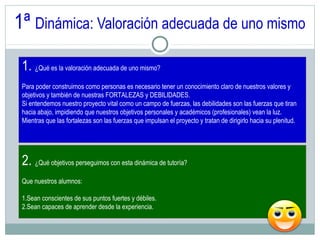 1ª Dinámica: Valoración adecuada de uno mismo
1. ¿Qué es la valoración adecuada de uno mismo?
Para poder construirnos como personas es necesario tener un conocimiento claro de nuestros valores y
objetivos y también de nuestras FORTALEZAS y DEBILIDADES.
Si entendemos nuestro proyecto vital como un campo de fuerzas, las debilidades son las fuerzas que tiran
hacia abajo, impidiendo que nuestros objetivos personales y académicos (profesionales) vean la luz.
Mientras que las fortalezas son las fuerzas que impulsan el proyecto y tratan de dirigirlo hacia su plenitud.
2. ¿Qué objetivos perseguimos con esta dinámica de tutoría?
Que nuestros alumnos:
1.Sean conscientes de sus puntos fuertes y débiles.
2.Sean capaces de aprender desde la experiencia.
 
