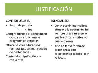 JUSTIFICACIÓN
CONTEXTUALISTA                  ESENCIALISTA
• Punto de partida              • Contribución más valiosa:
              niños               ofrecer a la educación del
Comprendiendo el contexto en      hombre precisamente lo
  donde va a funcionar el         que los otros ámbitos no
  programa de estudios.           puede ofrecer.
Ofrece valores educativos       • Arte en tanto forma de
  (genera autoestima- sentido     experiencia con
  de pertenencia)                 característica especiales y
Contenidos significativos y       valiosas.
  relevantes
 