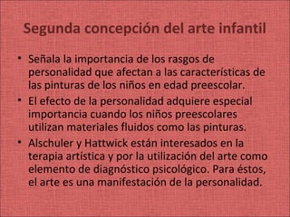 Segunda concepción del arte infantil
• Señala la importancia de los rasgos de
  personalidad que afectan a las características de
  las pinturas de los niños en edad preescolar.
• El efecto de la personalidad adquiere especial
  importancia cuando los niños preescolares
  utilizan materiales fluidos como las pinturas.
• Alschuler y Hattwick están interesados en la
  terapia artística y por la utilización del arte como
  elemento de diagnóstico psicológico. Para éstos,
  el arte es una manifestación de la personalidad.
 