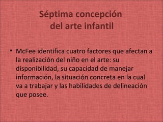 Séptima concepción
           del arte infantil

• McFee identifica cuatro factores que afectan a
  la realización del niño en el arte: su
  disponibilidad, su capacidad de manejar
  información, la situación concreta en la cual
  va a trabajar y las habilidades de delineación
  que posee.
 