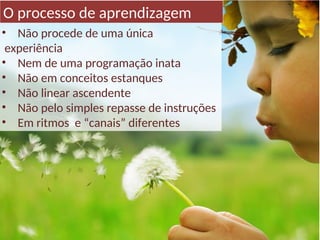 O processo de aprendizagem
• Não procede de uma única
experiência
• Nem de uma programação inata
• Não em conceitos estanques
• Não linear ascendente
• Não pelo simples repasse de instruções
• Em ritmos e “canais” diferentes
 