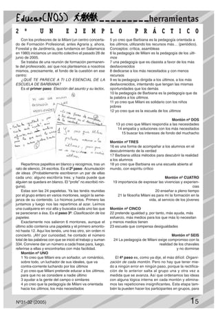 Con los profesores de la Milani (un centro concerta-
do de Formación Profesional, antes Agraria y, ahora,
Forestal y de Jardinería, que fundamos en Salamanca
en 1980) iniciamos un escrito colectivo el pasado 28 de
junio de 2005.
Se trataba de una reunión de formación permanen-
te del profesorado, así que nos planteamos a nosotros
mismos, precisamente, el fondo de la cuestión en ese
centro:
¿QUÉ TE PARECE A TI LO ESENCIAL DE LA
ESCUELA DE BARBIANA?
Es el primer paso: Elección del asunto y su lector.
Repartimos papelitos en blanco y recogimos, tras un
rato de silencio, 24 escritos. Es el 2º paso: Acumulación
de ideas. (Probablemente escribieron un par de ellas
cada uno; alguno escribiría tres; y hasta puede que
alguien se quedara en blanco. El “profe” no escribió nin-
guna).
Estas son las 24 papeletas. Ya las tenéis reunidas
por el grupo entero en varios montones, según la seme-
janza de su contenido. Lo hicimos juntos. Primero las
juntamos y luego nos las repartimos al azar. Leímos
una cualquiera en voz alta y buscaba cada uno las que
se parecieran a ésa. Es el paso 3º: Clasificación de los
papeles.
Exactamente nos salieron 6 montones, aunque el
último sólo contenía una papeleta y el primero amonto-
nó hasta 12. Aquí los tenéis, uno tras otro, sin orden ni
concierto. ¡Ah! por curiosidad, he contado el número
total de las palabras con que se inició el trabajo y suman
334. Conviene dar un número a cada frase para, luego,
referirse a ellas y encontrarlas con más facilidad.
Montón nº UNO
1 Yo creo que Milani era un soñador, un romántico,
sobre todo, un luchador de sus ideales, que va
contra-corriente luchando por los últimos
2 yo creo que Milani pretende educar a los últimos,
para que no se considere a nadie último
3 ayudar a la gente del campo o similares
4 yo creo que la pedagogía de Milani va orientada
hacia los últimos, los más necesitados
5 yo creo que Barbiana es la pedagogía orientada a
los últimos, utilizando los recursos más… (periódico).
Conceptos: crítica, asambleas
6 la pedagogía de Milani es la pedagogía de los últi-
mos
7 una pedagogía que es clasista a favor de los más
desfavorecidos
8 dedicarse a los más necesitados y con menos
recursos
9 es la pedagogía dirigida a los últimos, a los más
desfavorecidos, intentando que tengan las mismas
oportunidades que los demás
10 la pedagogía de Barbiana es la pedagogía que da
la palabra a los últimos.
11 yo creo que Milani es solidario con los niños
pobres
12 yo creo que es la escuela de los últimos
Montón nº DOS
13 yo creo que Milani respondía a las necesidades
14 empatía y soluciones con los más necesitados
15 buscar los intereses de fondo del muchacho
Montón nº TRES
16 es una forma de acompañar a los alumnos en el
descubrimiento de la verdad
17 Barbiana utiliza métodos para descubrir la realidad
a los alumnos
18 yo creo que Barbiana es una escuela abierta al
mundo, con espíritu crítico
Montón nº CUATRO
19 importancia de expresar las vivencias y experien-
cias
20 enseñar a pleno tiempo
21 la filosofía Milani es para mí la formación en la
vida, al servicio de los jóvenes
Montón nº CINCO
22 pretende igualdad y, por tanto, más ayuda, más
esfuerzo, más medios para los que más lo necesitan
y menos medios tienen
23 escuela que compensa desigualdades
Montón nº SEIS
24 La pedagogía de Milani exige compromiso con la
realidad de los chavales
y no dormirse
El 4º paso es, como ya dije, el más difícil: Organi-
zación de cada montón. Pero no hay que tener mie-
do a ningún error en ningún paso, porque la rectifica-
ción de lo anterior salta al grupo una y otra vez a
medida que se avanza. Así que ordenamos las ideas
con alguna lógica interna en cada montón y elimina-
mos las repeticiones insignificantes. Esta etapa tam-
bién la pueden hacer los participantes en grupos, para
Nº31-32 (2005) 15
herramientas
2 º U N E J E M P L O P R Á C T I C O2 º U N E J E M P L O P R Á C T I C O
 