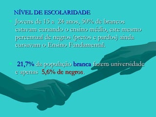 NÍVEL DE ESCOLARIDADE
• Jovens de 15 a 24 anos, 50% de brancos
  estavam cursando o ensino médio, este mesmo
  percentual de negros (pretos e pardos) ainda
  cursavam o Ensino Fundamental.

• 21,7% da população branca fazem universidade
  e apenas 5,6% de negros.
 