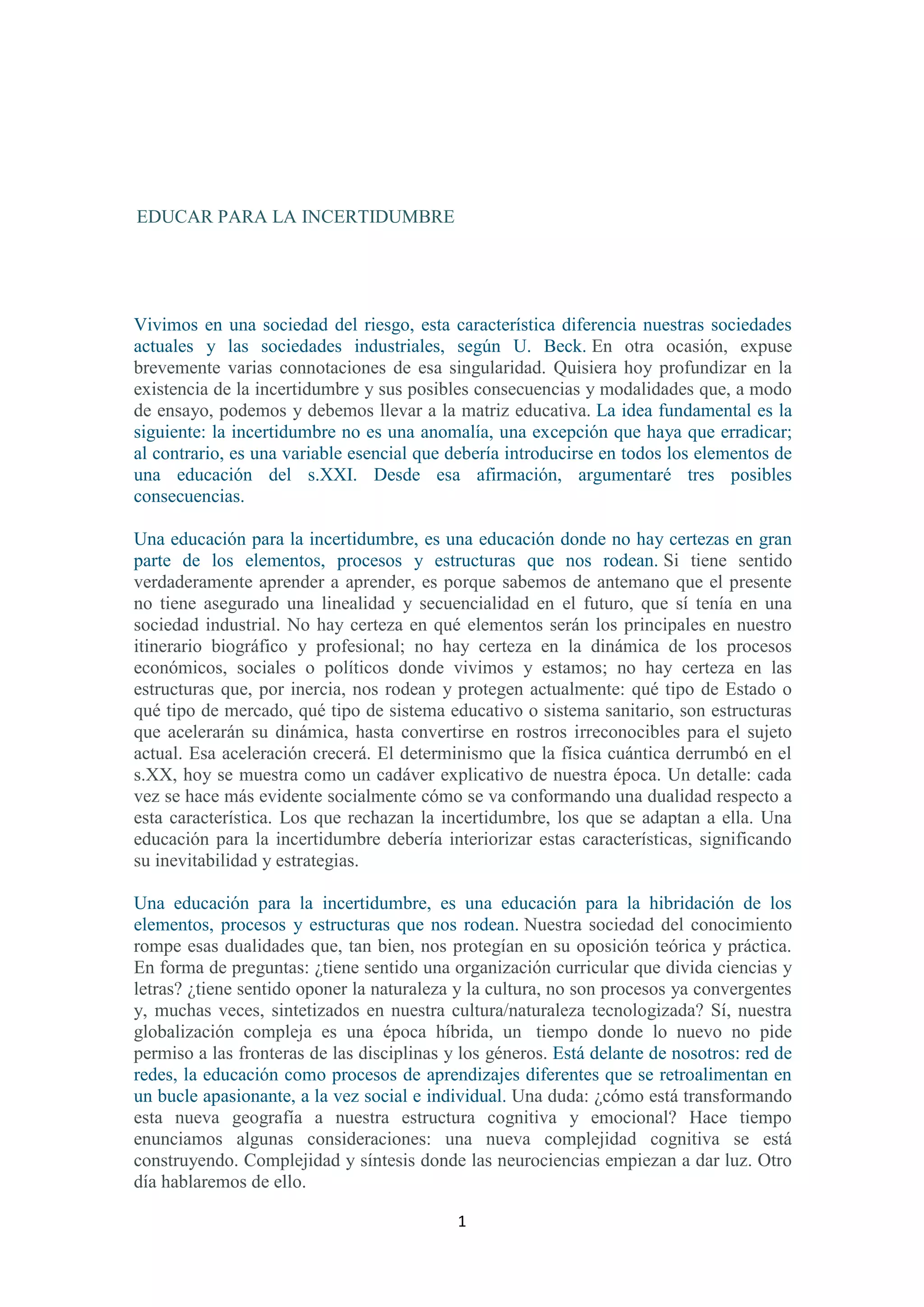 Educar para la incertidumbre | DOCX