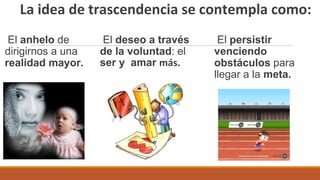 La idea de trascendencia se contempla como:
El anhelo de
dirigirnos a una
realidad mayor.
El deseo a través
de la voluntad: el
ser y amar más.
El persistir
venciendo
obstáculos para
llegar a la meta.
 
