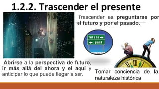 Trascender es preguntarse por
el futuro y por el pasado.
1.2.2. Trascender el presente
Abrirse a la perspectiva de futuro,
ir más allá del ahora y el aquí y
anticipar lo que puede llegar a ser. Tomar conciencia de la
naturaleza histórica
 