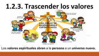 1.2.3. Trascender los valores
materiales
Los valores espirituales abren a la persona a un universo nuevo.
 