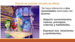 Educar es suscitar vínculos de afecto.
Se hace referencia a dos
necesidades esenciales del
alumno:
• Adquirir conocimientos,
valores, principios,
criterios y habilidades.
• Expresar sus emociones
y sentimientos.
 