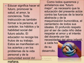 "Todos nosotros sabemos algo. Todos nosotros ignoramos algo. Por eso, aprendemos siempre.Es necesario desarrollar una pedagogía de la pregunta. Siempre estamos escuchando una pedagogía de la respuesta. Los profesores contestan a preguntas que los alumnos no han hecho " Paulo, Freire.M. Violeta Beyeler -  Doc. Nivel Inicial- www.educarparalohumano.blogspot.com CADA NIÑO ES ÚNICO, BELLO Y ESPECIAL POR SI MISMO.