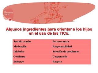 Algunos ingredientes para orientar a los hijos en el uso de las TICs. Sentido común Perseverancia Motivación Responsabilidad Iniciativa Solución de problemas Confianza Cooperación Esfuerzo Respeto 