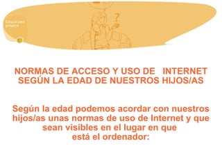 NORMAS DE ACCESO Y USO DE  INTERNET SEGÚN LA EDAD DE NUESTROS HIJOS/AS Según la edad podemos acordar con nuestros hijos/as unas normas de uso de Internet y que sean visibles en el lugar en que  está el ordenador: 